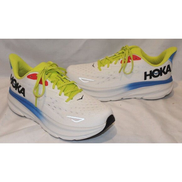 NIB Hoka One Men\'s Clifton 9 Running Athletic Sneakers BVR WHITE BLUE‎ YELLOW
